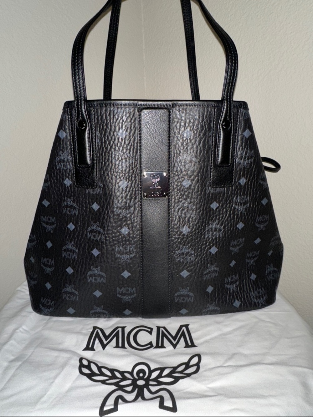 MCM Black Visetos Reversible Logo Tote with Leather Trim